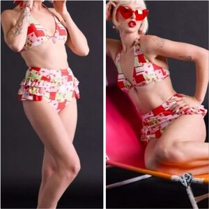 Strawberry Shortcake Patchwork High Waist Swim Bottoms Ruffles Polka Dots NWT
